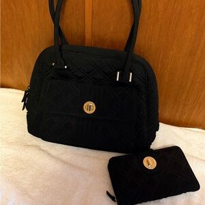 Vera Bradley Turnlock Satchel and Wallet Black set EUC
